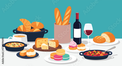 A delightful spread of classic French cuisine featuring bread, cheese, wine, pastries, and savory dishes on a dining table.