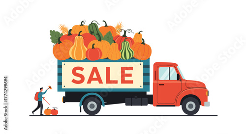 A person loads or unloads a vibrant array of pumpkins and gourds from a red delivery truck with a 'SALE' sign, symbolizing autumn harvest and seasonal discounts.