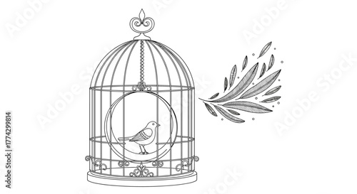 Elegant black and white illustration of a small bird inside a vintage-style cage, with a decorative feather branch next to it.