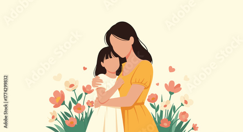 A loving mother embraces her child in a vibrant garden setting, surrounded by blossoming flowers and floating hearts, symbolizing warmth and affection.