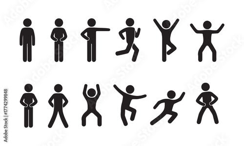 Diverse Stick Figure Poses Standing, Pointing, Running, Jumping, and Celebrating Silhouettes