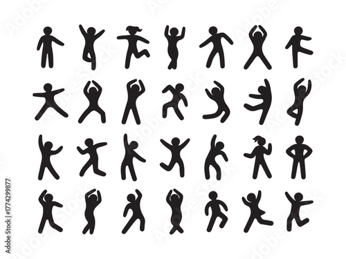 Diverse Stick Figure Silhouettes Active Poses and Gestures Illustration Element