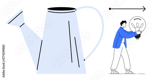 Oversized watering can next to person carrying a lightbulb with plant growth inside. Ideal for creativity, innovation, growth, sustainability, nurturing, eco-friendly concepts, and teamwork. Clean
