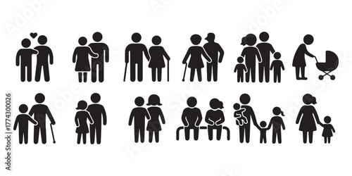 Family Pictogram Set Featuring Couples, Children, Elderly Individuals, and Parents with Infants and Strollers