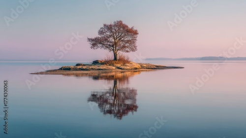A solitary tree on an island in a calm body of water at sunset, with a pink and orange sky and reflections in the water.