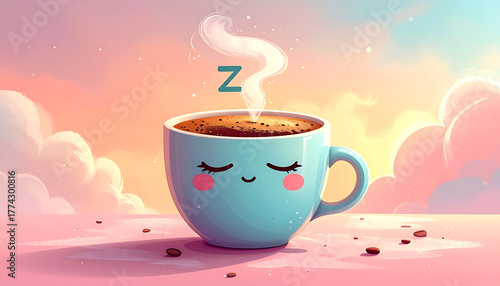 AI-generated image of A light blue coffee cup with a sleepy face and steam forming a “Z,” surrounded by pastel clouds and scattered coffee beans. This dreamy illustration blends comfort and caffeine