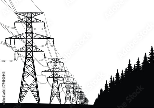 Silhouetted transmission towers with power lines crossing forest landscape, illustrating high-voltage electricity infrastructure and energy distribution network system
