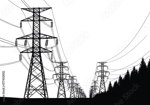 Silhouetted transmission towers with power lines crossing forest landscape, illustrating high-voltage electricity infrastructure and energy distribution system