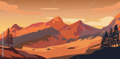 Modern Sunset Mountain Landscape Vector Set – Flat Nature Illustrations for Travel, Adventure, and Outdoor Tourism Posters and Hill Backgrounds, minimalist nature background, flat design scenery