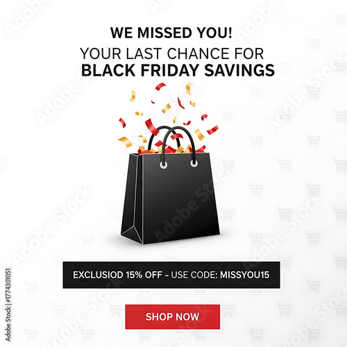 Black friday savings reminder with shopping bag and confetti isolated on white background