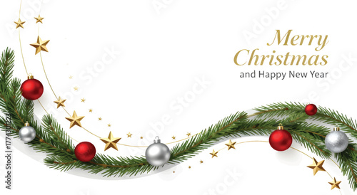 merry christmas and happy new year greeting background with pine garland and ornaments