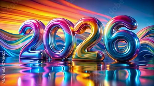 Colorful metallic 2026 new year design with vibrant reflections and abstract background