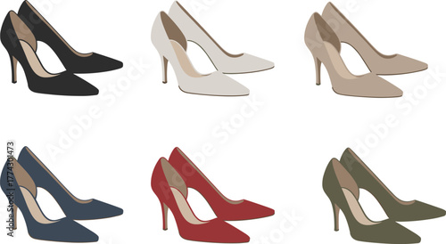 Cartoon high heel shoe set with pointed toes, stiletto heels, fashion footwear illustration for retail, catalog, design, and style themes.