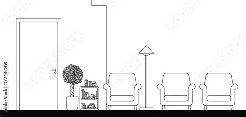 Black and white interior sketch with door, bookshelf, potted plant, armchairs, and floor lamp in clean minimal room layout