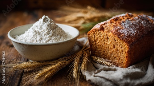 Homemade whole grain bread beside a white bowl of flour, with wheat stalks framing the scene, expressing warmth, simplicity, and countryside charm.