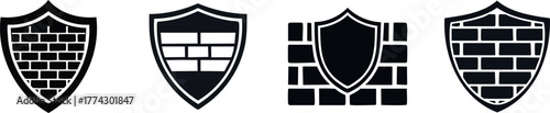Cybersecurity Shield. Four minimalist shield designs featuring brick patterns and solid shapes, ideal for use in graphics or branding.