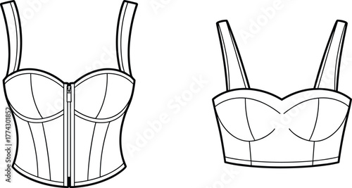 Technical fashion sketch of bustier tops with structured cups, zipper closure, seam details, front views for apparel design and illustration.