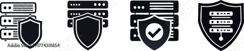 Cybersecurity Shield. A series of icons representing data security with servers and shields, symbolizing protection and verification in digital environments.