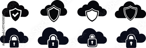 Privacy & Data Safety. A series of cloud icons featuring shields and locks, symbolizing online security and protection.