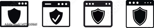 Website Security. The image features a series of shield icons on browser windows, symbolizing online security and protection.