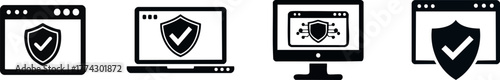 Website Security. A series of four icons depicting computer screens with shields, symbolizing online security and protection against cyber threats.