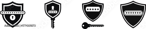 Password & Authentication. Four black shields featuring key and lock icons, representing security and password protection.