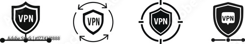 Network Protection. Four distinct VPN shield icons featuring security elements, highlighting privacy and protection in digital communications.