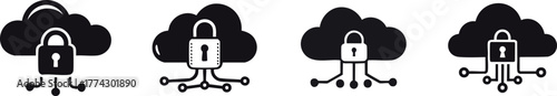 Network Protection. Cloud icons featuring locks represent data security and encryption in digital environments, emphasizing the importance of protecting online information.