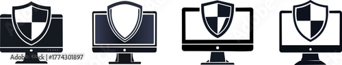 Firewall & Antivirus. Four computer monitors with shield icons symbolize digital security and protection.