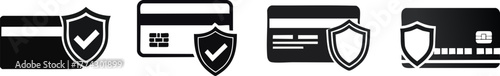 Secure Payment. Four black and white credit card icons with shield symbols, representing security and protection for online transactions.