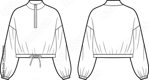 Technical fashion sketch of cropped pullover top with zipper collar, puff sleeves, drawstring hem, front and back views for apparel design.