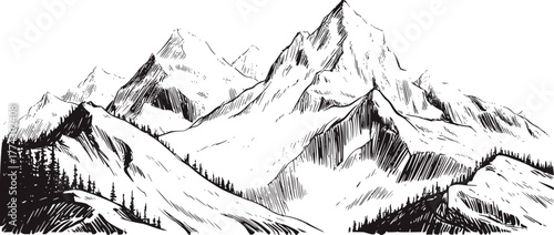 Rugged mountain peaks sketch mountains monochrome