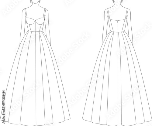Technical fashion sketch of formal gown with sweetheart neckline, thin straps, panelled full skirt, zipper back, front and back view