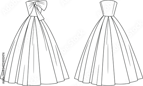 Technical fashion sketch of formal evening gowns with pleated skirts, strapless bodice, bow detail, and elegant silhouette for design