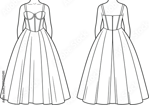 Technical fashion sketch of formal panelled dress with structured bodice, thin straps, full skirt, front and back view template