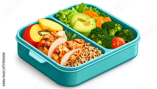 A turquoise lunchbox filled with grilled chicken, quinoa, and a colorful mix of fruits and vegetables. This vibrant meal promotes balanced nutrition and clean eating