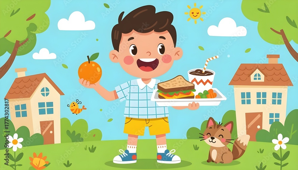 Naklejka premium A cheerful illustration of a boy holding a plate of food, accompanied by a friendly fox, set in a bright and colorful outdoor environment, promoting joy and childhood innocence.