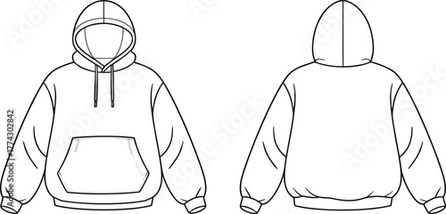 Technical fashion sketch of hooded sweatshirt with drawstring hood, kangaroo pocket, ribbed cuffs and hem, and front-back views