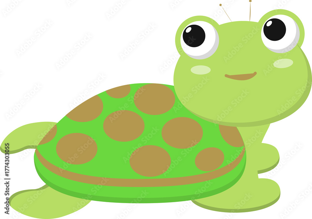 Fototapeta premium Cute green cartoon turtle with big eyes and smiling face