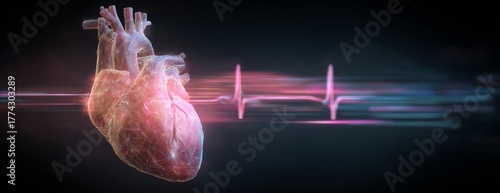 Human heart illustration with heartbeat line on dark background  