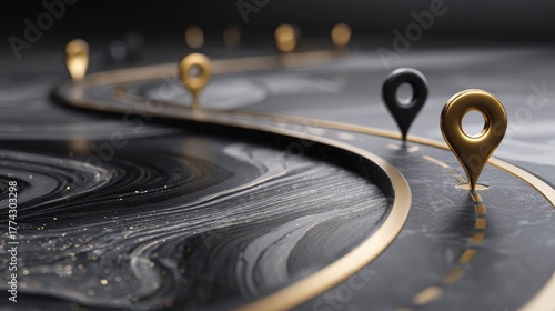 Elegant concept of a curved roadmap with gold and black location markers symbolizing milestones and navigation