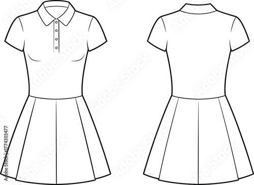Technical fashion sketch of pleated dress with collar, button placket, short sleeves, fitted bodice, and front-back garment construction views