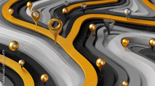 Modern abstract roadmap illustration featuring curved routes with metallic gold and black pins marking destinations