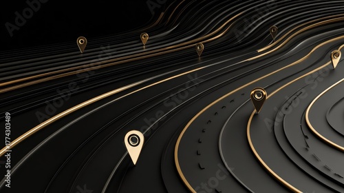 Modern business roadmap concept showing elegant curved lines with black and gold location icons for milestones