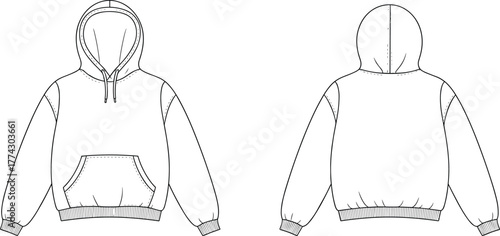 Technical fashion sketch of pullover hoodie with drawstring hood, kangaroo pocket, ribbed cuffs and hem, front and back view template
