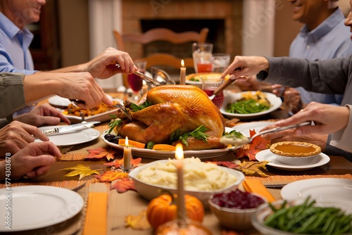 Family sharing Thanksgiving turkey at warm candlelit autumn dinner table