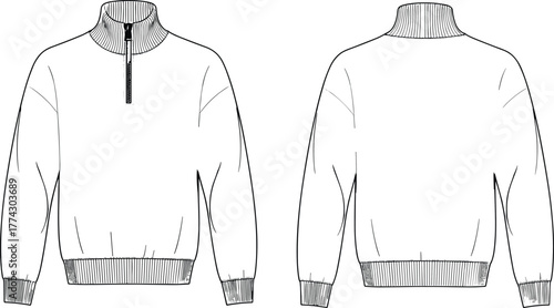 Technical fashion sketch of pullover sweatshirt with high collar, quarter zipper, ribbed cuffs and hem, and front-back garment views