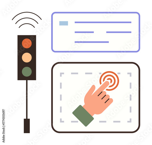 Hand tapping touchscreen, traffic light with signal waves, data display panel. Ideal for technology, interface, control, automation, smart systems, touch solutions simple flat metaphor