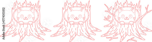 Outlined Trio Cartoon Cats Posing Behind Hollow Tree Trunks, Pet Silhouette Art