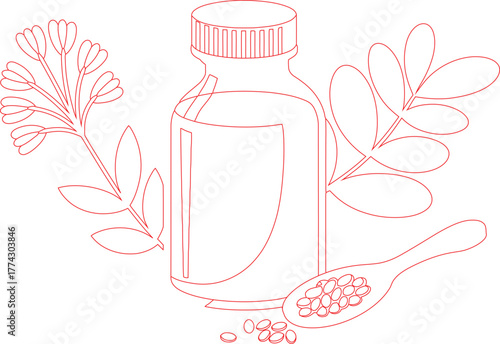 Outlined Medicine Bottle with Spoonful of Pills and Botanical Elements Depicted in Red Ink